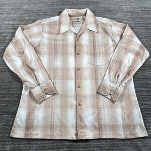 Vintage Spire Shirt Mens XL Beige Plaid 100% Polyester Long Sleeve USA 70s